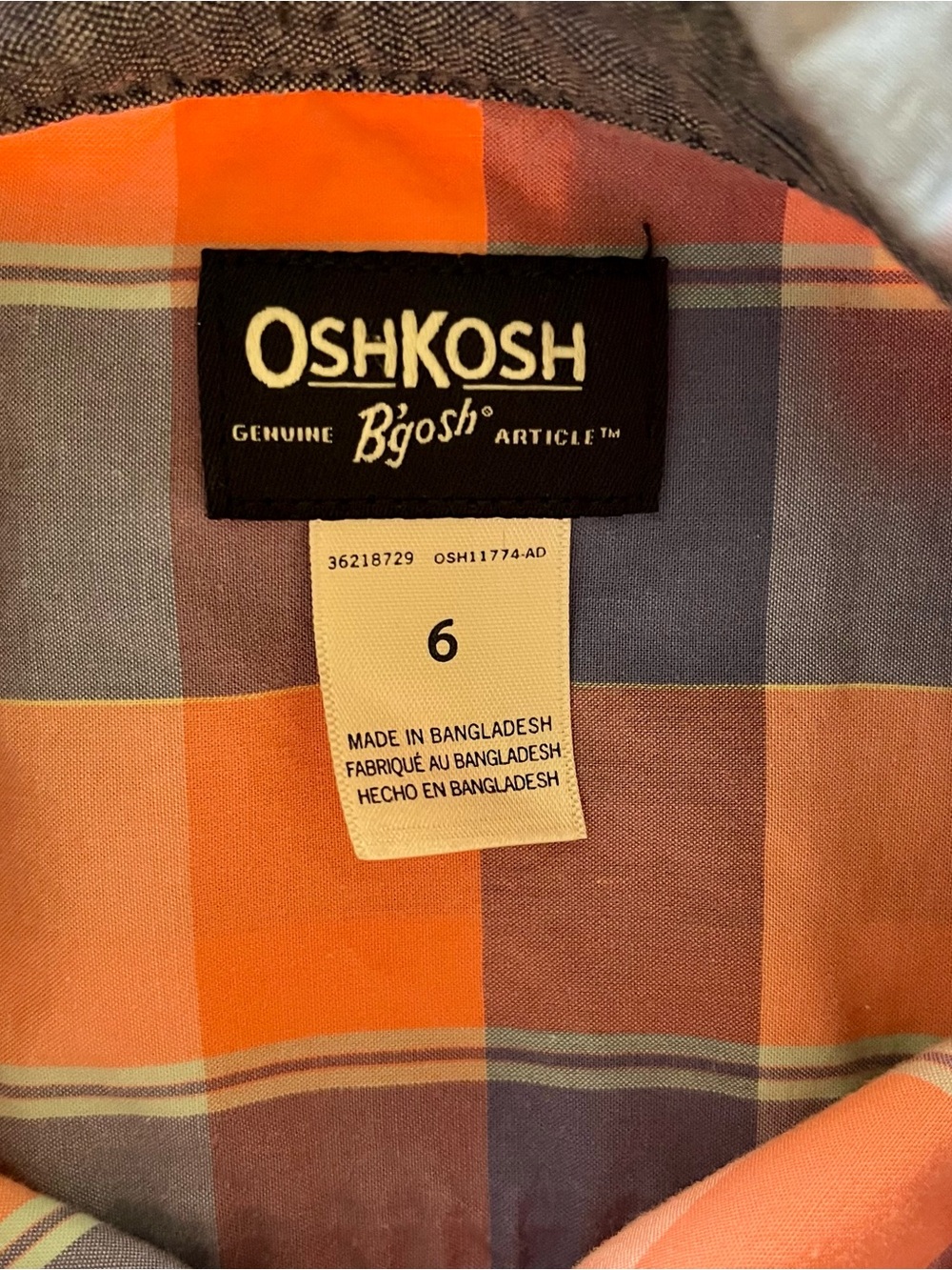 OshKosh B'gosh Boys' Orange & Blue Plaid Short-Sleeve Button-Up Shirt Size 6 - Picture 3 of 5
